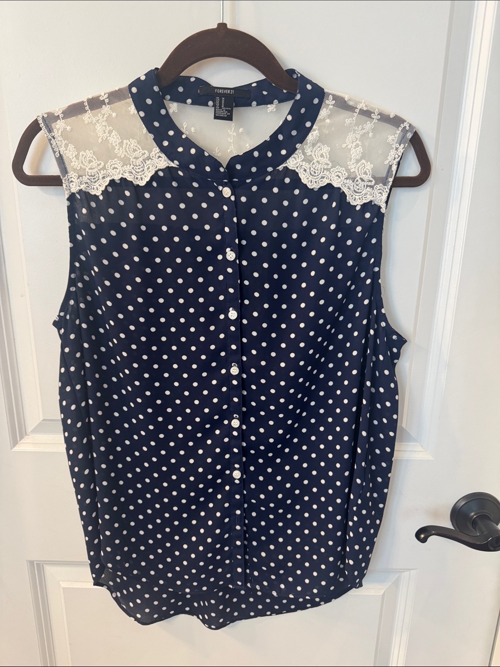 Forever 21 Navy Polka Dot Sleeveless Blouse with Lace Yoke
